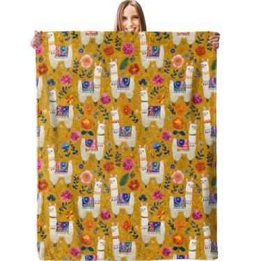 Imagem de Cobertor floral e lhama colorido – Pelúcia, macio, confortável, leve, quente, felpudo, aconchegante cobertor de flanela para sofá, viagem, cama, escritório, ao ar livre - 152 cm × 203 cm