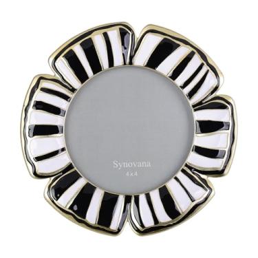 Imagem de Synovana Porta-retrato de pétala preta e branca – Moldura redonda de flores 10 x 10 cm para aniversário, exibição de mesa e presente