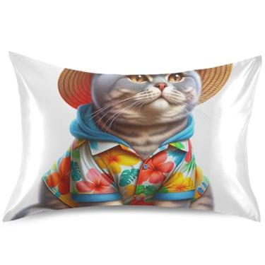 Imagem de Capas de travesseiro engraçadas de gato fofo de cetim para resfriamento de cabelo capas de travesseiro padrão king queen capa de travesseiro de cama macia animal fofo, tamanho king, 101,6 cm x 50,8 cm