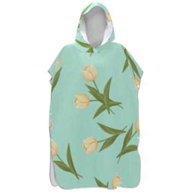 Imagem de Joisal Poncho de surfe trocador para adultos toalha de natação com capuz absorvente masculino poncho com capuz creme amarelo tulipa flores verde