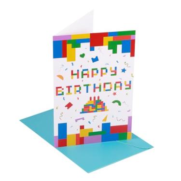 Imagem de Cartão de aniversário com tema de blocos de construção, cartão colorido de feliz aniversário com presente de envelope e decoração de festa ideal para ele, sua mãe, pai, marido, esposa, irmã, irmão
