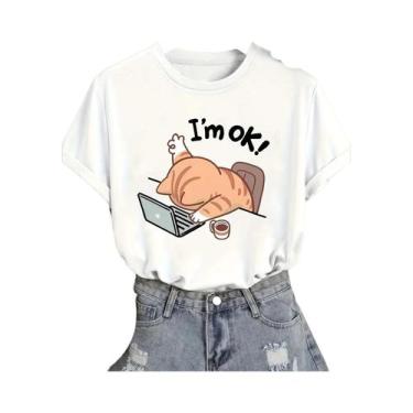 Imagem de Camiseta Feminina Bege Com Estampa De Gato Fofo, Casual, Gola Redonda,