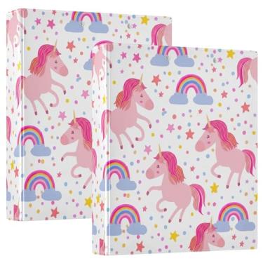 Imagem de Fichários de três anéis personalizados com unicórnios fofos de 3 cm, 200 folhas, portfólio, anel redondo, 31,5 x 27 x 6 cm, pacote com 2