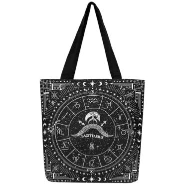 Imagem de Feelyou Zodíaco Sacolas de lona ARIES bolsas de ombro grande capacidade lua estrela viagem praia bolsa, Sagitário preto, 16"x20"