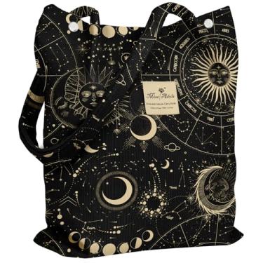 Imagem de Miss Adola Bolsa feminina de veludo cotelê - Sacolas reutilizáveis com fivela magnética e bolso design estético bolsas de supermercado, Estrelas do sol, One Size