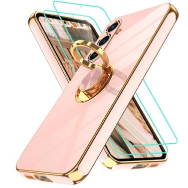 Imagem de Gritup Capa para Samsung Galaxy S23 FE | 2 peças protetoras de tela | Suporte magnético de rotação de 360°, capa protetora à prova de choque de TPU macio com borda dourada banhada a ouro para S23 FE