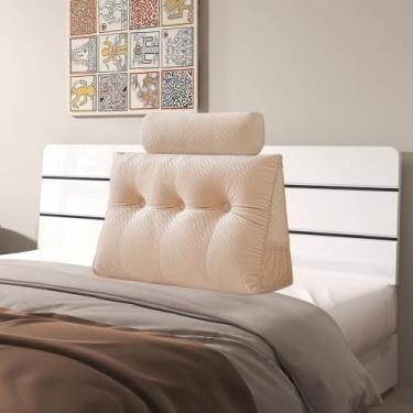 Imagem de Almofada triangular de veludo para cabeceira de cabeça, capa removível, cama de beliche, suporte de posicionamento do encosto, descanso de leitura relaxante (bege com almofada de rolo, solteiro (99 x
