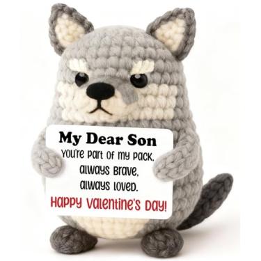 Imagem de WEYON Valentine’s Day Gift for Son or Teen Boys from Mom or Dad – Handmade Crochet Wolf Plush with Encouragement Card, Cute Small Stuffed Animal for Boys, 3 inch Mini Desk Decor
