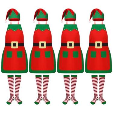 Imagem de Cotwinter Conjunto de avental de elfo de Natal com chapéu e meias avental de elfo adulto com bolso para presente de festa de Natal, cozinha, Vermelho, One Size