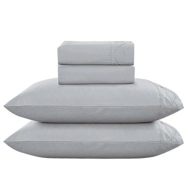 Imagem de Jogo De Cama Lençol King Romantico Percal 300 Fios 4 Peças Cinza 100% Poliéster