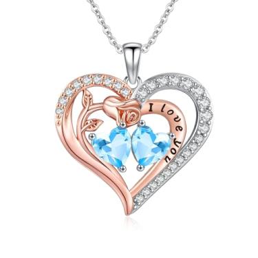 Imagem de WYDDO Colar de coração rosa para mulheres, pingente de pedra de nascimento duplo, presente de aniversário e Natal para sua esposa, mãe, filha, Base, Zircônia cúbica