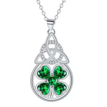 Imagem de Colar feminino com pingente de gota de nó celta irlandês de trevo de quatro folhas, banhado a prata delicada, em forma de coração, zircônia cúbica verde, corrente da sorte, ajustável, joias modernas