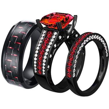 Imagem de ringheart 2 anéis de casal para ele e ela banhado a preto vermelho CZ conjuntos de alianças de casamento masculinas de aço inoxidável, women size6 & men size11, Metal Cristal Metal Cristal strass,
