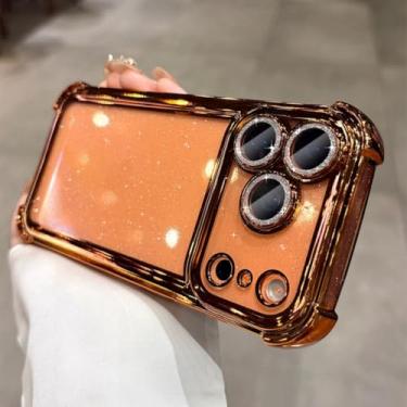 Imagem de Capa de silicone transparente com glitter de luxo para iPhone 13 12 11 14 15 16 17 Pro Max Air 16 Plus com revestimento em TPU à prova de choque e airbag (para iPhone 16/Laranja)