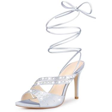 Imagem de Perphy Sandália feminina de salto agulha com cadarço de cetim com strass, Prata, 37
