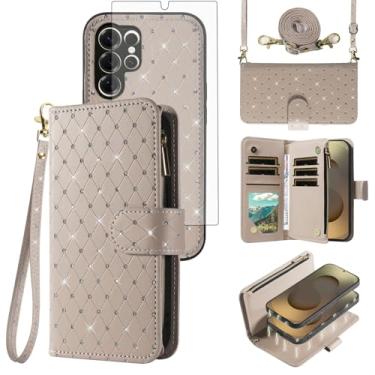 Imagem de Capa carteira compatível com Samsung Galaxy S25 Ultra 5G com zíper para celular e protetor de tela, alça transversal, flip com glitter, porta-cartões, capa para celular S25Ultra 25S S 25 25Ultra 6,9