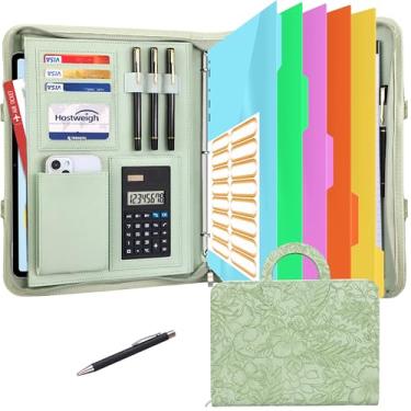 Imagem de NATISERAUM Fichário de portfólio - fichário de 3 anéis com alça, pasta de couro vegano com bloco de notas, inclui 5 divisórias com 10 bolsos para arquivos de documentos