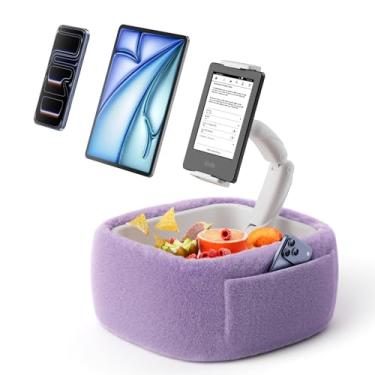 Imagem de LULULOOK Travesseiro Kindle ultra fofo para leitura, suporte de travesseiro para tablet com tigela de lanche e braço dobrável compatível com iPad, telefone e tablet de 4,7 a 13 polegadas para leitura