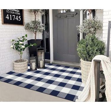 Imagem de Tapete azul e branco para uso ao ar livre, 1,5 m x 1,8 m Buffalo Checked, tapete de varanda de algodão lavável à máquina, tapete de porta para porta de boas-vindas, entrada, quarto, sala de estar