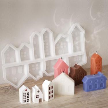 Imagem de 1 conjunto de mini moldes de silicone para casa, design nórdico de igreja e castelo com 10 ligações, molde antiaderente flexível para vela de gesso, resina epóxi, tenhouses