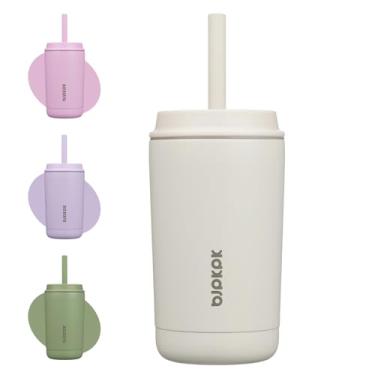 Imagem de BJPKPK Copo isolado com tampa e canudo, copo térmico de aço inoxidável de 350 ml, caneca de café de viagem à prova de derramamento, à prova de vazamento, pode ser lavada na lava-louças, mantém as