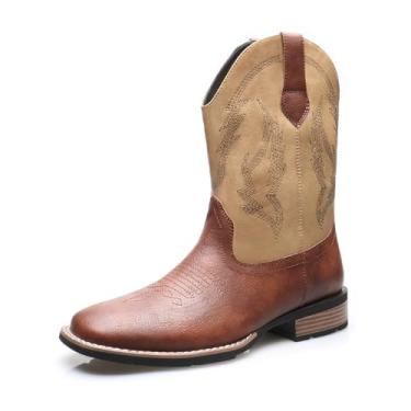 Imagem de Botas de caubói masculinas de couro PU com bico quadrado, bico quadrado, cano médio, botas Chelsea, retrô, casual, estilosas, Amarelo, 41