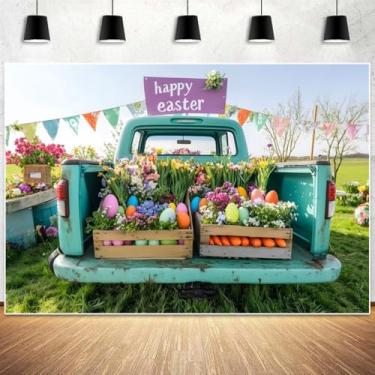 Imagem de XMJJKUF Cenários de Páscoa para fotografia 3 x 2,4 m, caminhão azul, ovos florais multicoloridos, fundo de primavera, cenário ao ar livre, festival, festa, banner, decoração, adereços para fotos