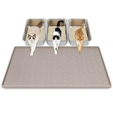 Imagem de Tapete de areia para gatos de 106,66 x 73,7 cm, tapete para gatos Lanstics para caixa de areia grande de silicone para gatinhos, controle de dispersão, proteção de chão (bege)