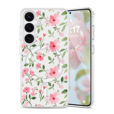 Imagem de EYZUTAK Capa magnética para Samsung Galaxy S23 Plus com flores compatível com MagSafe, bonita floral elegante estética capa protetora transparente antiamarelamento para meninas e mulheres - rosa