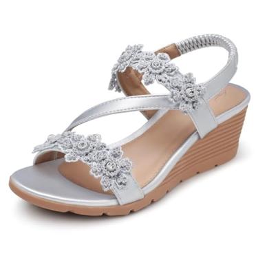 Imagem de SHIBEVER Sandálias femininas estilosas: sandálias de verão com bico aberto plataforma baixa, tira elástica no tornozelo, floral, confortável, sapatos casuais, Prata 1805, 35