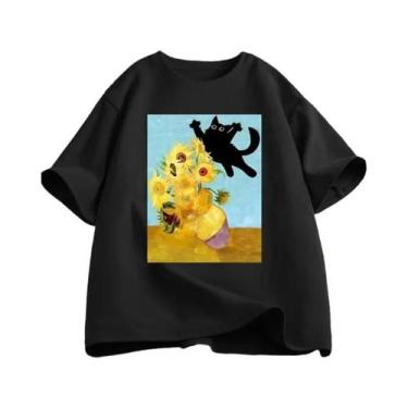 Imagem de Camiseta Feminina De Manga Curta Com Estampa De Girassóis E Gato, Vinc