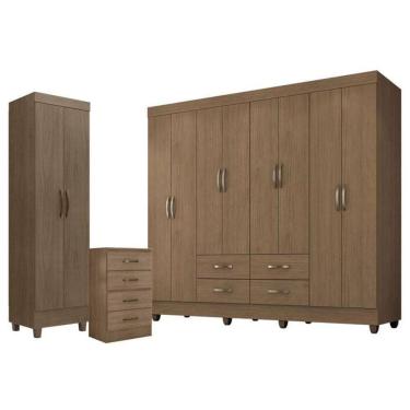Imagem de Guarda Roupa Casal Porto Com Cômoda 4 Gavetas E Armário Multiuso Lite Carvalho Oak - Leão