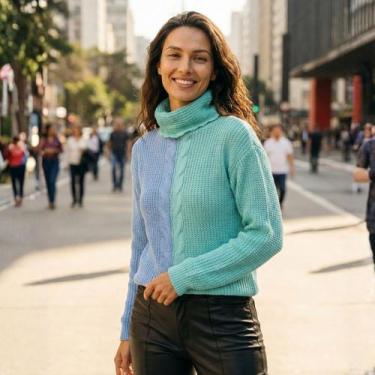 Imagem de Blusa Tricot Manga Longa Bicolor Texturizada - Vitrine Collection, Ver