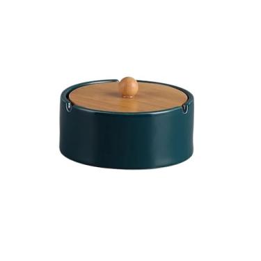 Imagem de Cinzeiros de cigarros de cerâmica com tampa, cinzeiro de mesa para ambientes internos e externos, tampa de madeira de bambu, cinzeiro de mesa para escritório, pátio, jardins, etc. Bandeja de cinzeiro