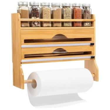 Imagem de Suporte Organizador Porta Rolo Duplo Bambu Papel Toalha Aluminio Tempero Filme PVC Plastico Cortador