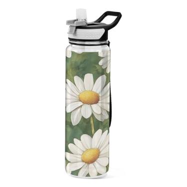 Imagem de xigua White Daisies Garrafa de água com tampa de palha, garrafas de água transparentes à prova de vazamentos para esportes ao ar livre, beber fitness, treino, viagem, 940 ml