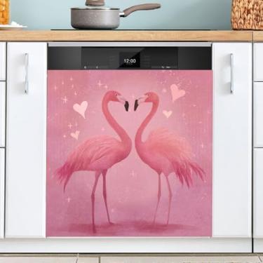 Imagem de Capa de ímã de lava-louças padrão flamingos rosa dos namorados cozinha dia dos namorados decorativo reutilizável capa de lava-louças decalque para armários de eletrodomésticos painel 58 x 66