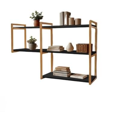 Imagem de Kit Prateleira Suspensa 115 cm Modelo Industrial Estante Ferro Mdf Porta Quadro Decoração Sala Cozinha Porta Brinquedo, Cozinha e Quarto - Organização e Decoração(PRETO COM DOURADO)
