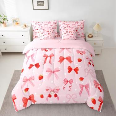Imagem de Feelyou Conjunto de edredom com laço rosa para meninas, 7 peças, solteiro, kawaii, cereja, para crianças, adolescentes, fofo, estilo princesa, decoração de quarto, microfibra leve e macia