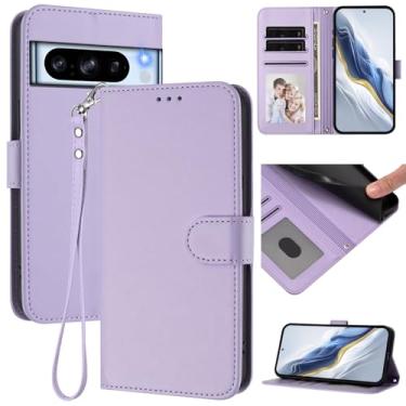 Imagem de Capa carteira para Google Pixel 8 Pro, capa fina de couro com compartimentos para cartões, alça de pulso e suporte, capa protetora à prova de choque para homens e mulheres (roxo claro)