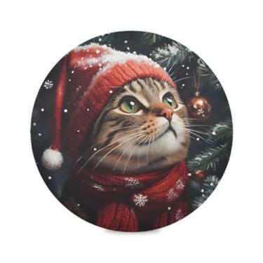 Imagem de STAYTOP Jogo americano redondo de gato de Natal fofo 6 peças, tapetes de mesa antiderrapantes fáceis de limpar para decoração de mesa de festa de churrasco em casa