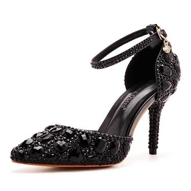 Imagem de Sandálias de strass azul royal salto alto fino bico fino sandálias de salto alto cristal azul sapatos modernos sapatos de salto alto, Preto, 40