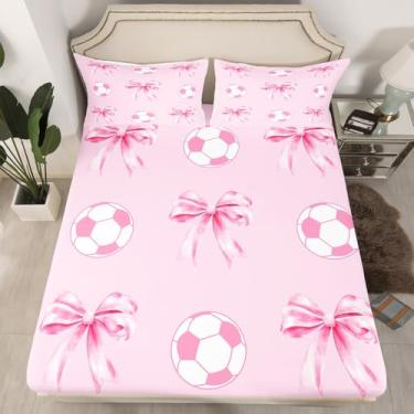 Imagem de Jogo de lençol casal com laço de futebol americano rosa (sem lençol de cima), lindo estilo princesa com laço (1 lençol com elástico + 2 fronhas), para decoração de quarto de meninos e meninas