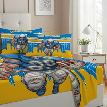 Imagem de Allenjoy Jogo de lençol Los Angeles futebol americano azul claro energia com lençol com elástico, lençol de cima e 2 fronhas para decoração de quarto de meninos, adolescentes e homens, tamanho casal