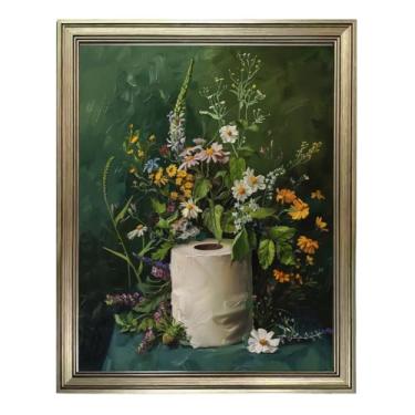 Imagem de Arte de parede de banheiro verde escuro vintage emoldurado rolo de papel higiênico com estampa floral temperamental decoração de parede grande arte de banheiro