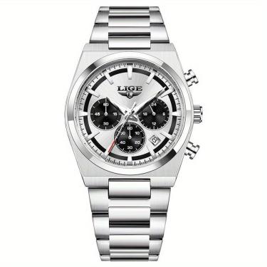 Imagem de Relógio Esportivo Masculino Quartzo Multifuncional Sofisticado Em Aço Inoxidavél 3atm Branco Prateado