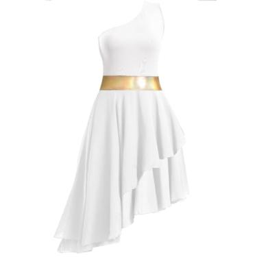 Imagem de ORIDOOR Fantasia de dança de louvor de ombro oblíquo para meninas, cerimônia de adoração irregular de metal dança lírica, 02 - Branco, 13-14 Anos
