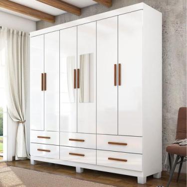 Imagem de Guarda-Roupa Solteiro Aria 6 Portas 6 Gavetas com Pés e Espelho Branco