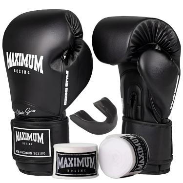 Imagem de Kit Luva De Boxe Muay Thai New Classic Preto + Bandagem 3m + Protetor Bucal - Maximum Boxing-Unissex