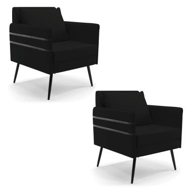 Imagem de Kit 02 Poltronas Mari Linho Preto A79 Pés Palito de Ferro Preto - D'Rossi